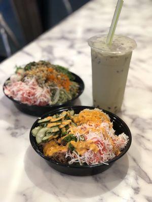 Small Beef Bulgogi hot Bowl & Small Salmon & Tuna Raw Bowl w/ Matcha Milk Tea