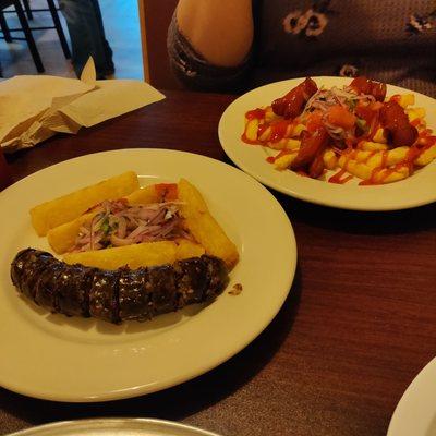 Salchichas and Morcillas y Yuca Fritas