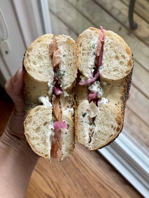 Kippered salmon bagel sandwich