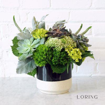 The Loring, for the modernist. Textural Greens with Sedum tops.