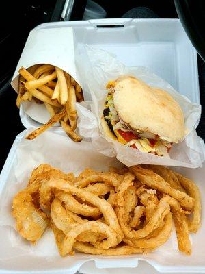 Baby Classic Burger, Half & Half onion rings & fries