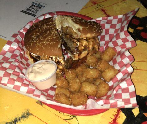 BBQ Bacon burger with tots!  They have the best burgers and friendly staff great little place