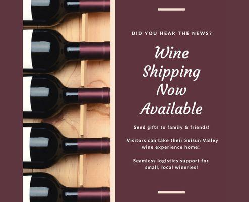 Enjoying your Suisun Valley wine experience? Take it home with you! We'll ship bottles of all sizes. Services available for locals too!