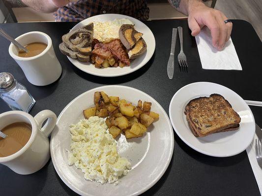 Egg whites, home fries, raisin toast.  Over medium, home fries, bacon, rye toast