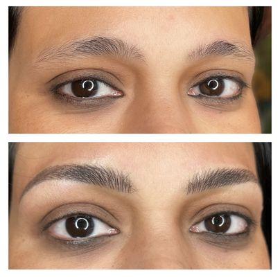 Top is bare and bottom is after microblading. Much better shape while still using the natural shape and hairs.