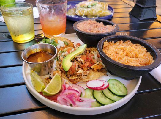 Birria Taco, Pollo Asado Taco, Beans & Rice