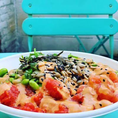 A fresh spicy tuna and salmon bowl