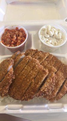 Pork tonkatsu, kimchi, macaroni salad