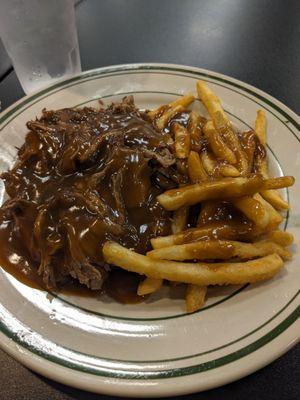 Open Face Roast Beef Sandwich with gravy covered fries