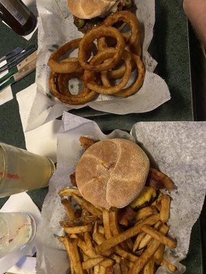 1/2 pound burger with bacon & fries/the Hot Tamale burger with onion rings