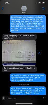 Text messages from store manger trying to convince us he did us a favor by discounting labor charges on labor that was never needed