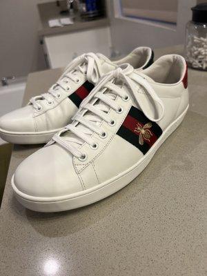 My pair of Gucci shoes that had black scuffs all over it and Klean Kicks cleaned them to make them look brand new!