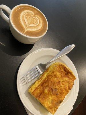 Bacon potato and cheese frittata, cappuccino