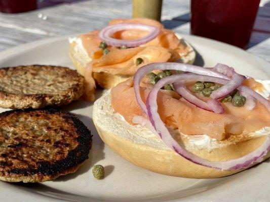 Bagel and Lox with a side of turkey sausage