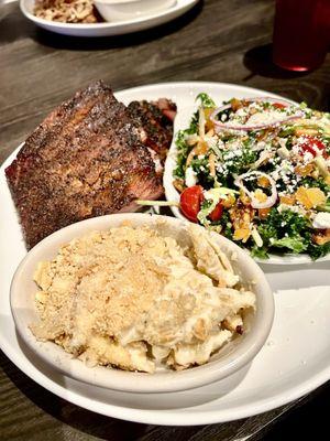 2 meat plate - ribs and burnt ends Sides - kale crunch salad and macaroni and cheese Cheddar cheese popover