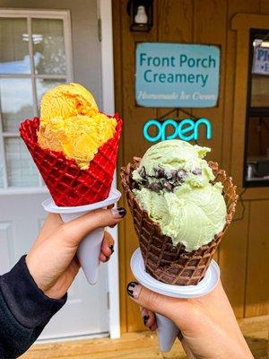 Pumpkin Pie Ice Cream with Red Velvet Waffle Cone and mint chocolate chip ice cream with chocolate cone