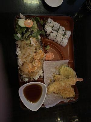 Bento box with teriyaki shrimp.