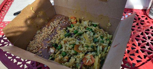 Curry fried rice with shrimp and a side of peanut sauce (the sauce is on top to the far left).