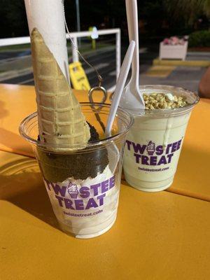 Vanilla ice cream in oreo waffle cone put in a cup cause its Florida and ice creams melts quick. Pistachio topped with peanuts.