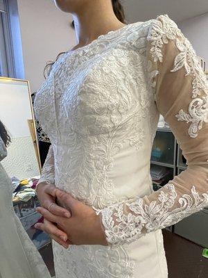 Transforming a wedding gown that was completely ripped and didn't have sleeves, to a gorgeous unique gown!