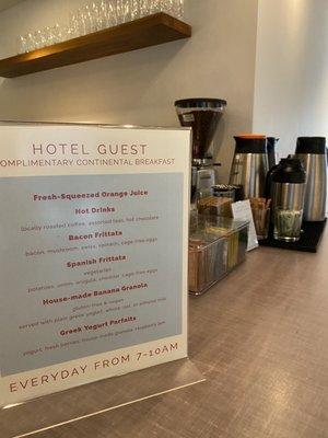 The breakfast menu and coffee station with espresso