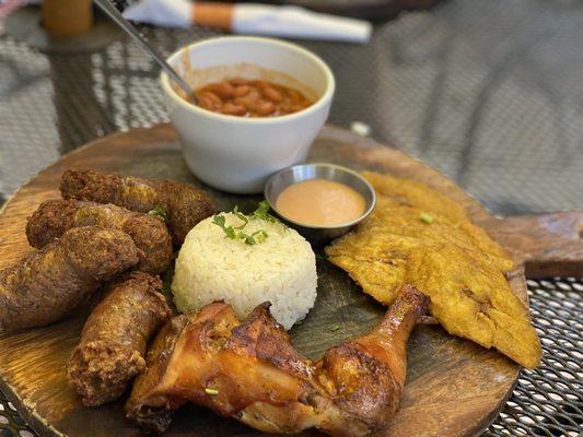 Bandeja Punta Cana  Smoked chicken  Longaniza Tostones Rice  Beans