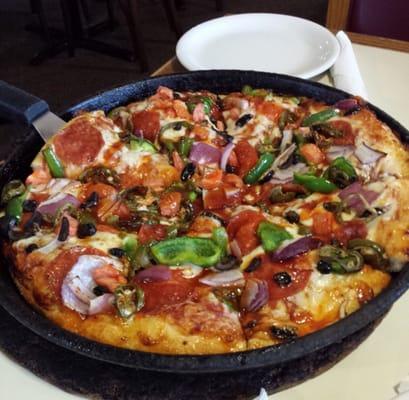 Pan Crust loaded with Pepperoni and Veggies with the Honey Sriracha Crust and Swirl.