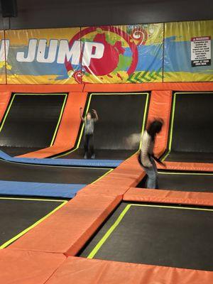 There's lots of trampolines including open jump, run/flip/jumps, dodgeball trampoline areas and trampoline jump into an inflated end.