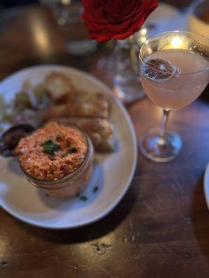 Pimento cheese appetizer with bread & pickled veggies