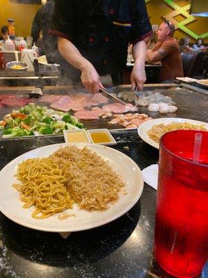 Cooking veggies, steak, shrimp