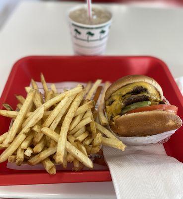 Double-Double Burger ($5.35), fries ($2.20), chocolate shake ($2.90)