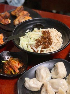 28. Chicken Wing, 4. Traditional Beijing Noodle with Soy Bean Paste, pork Soup dumplings, kimchi