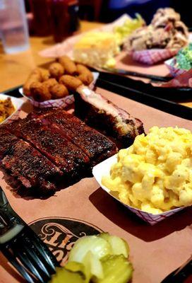 4 Rib platter with mac-n-cheese and sweet potato casserole