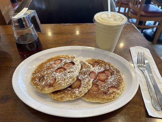 Pancakes with strawberries  Banana mango milkshake