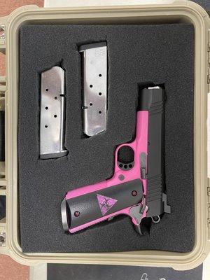 We cerakoted this 1911 Frame in Prison Pink