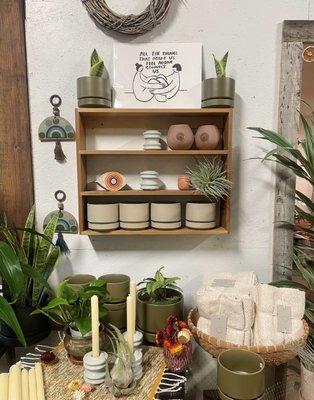 Shelves of fun, eclectic plant and room accessories