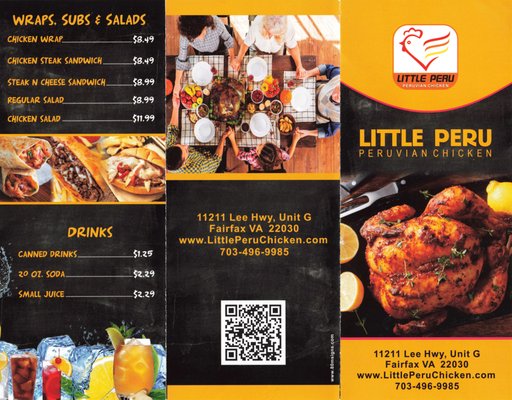 Menu pamphlet - wraps, subs, salads, drinks, address/phone #