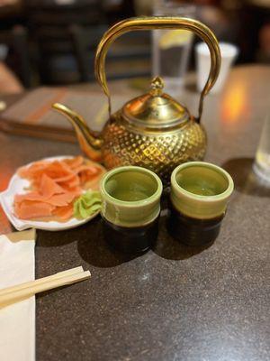 Hot tea, ginger and wasabi.