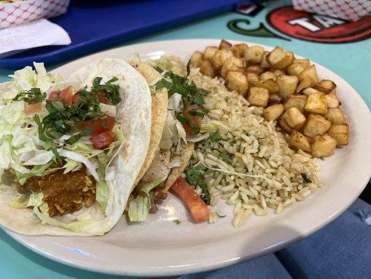 Taco Plate - tempura mahi in flour tortilla, and grilled mahi in crispy tortilla. I removed the cheese. Great tacos. Sides were just ok