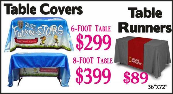 Table covers, table runners, display signs