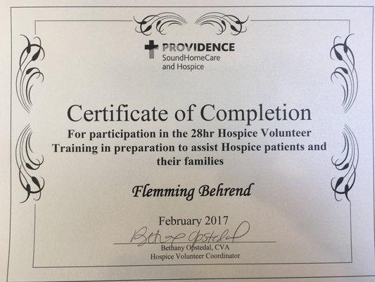 As part of giving back to the community, I am active in the Hospice work of Providence St.Peter Sound Home Care system.