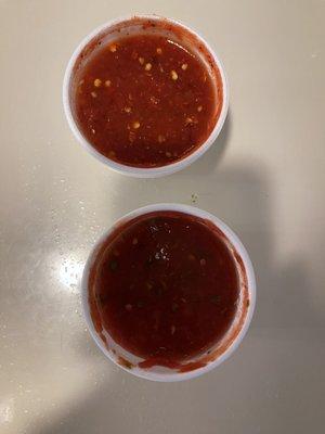 Hot salsa on top and regular salsa at bottom - both fantastic. Comes with chips