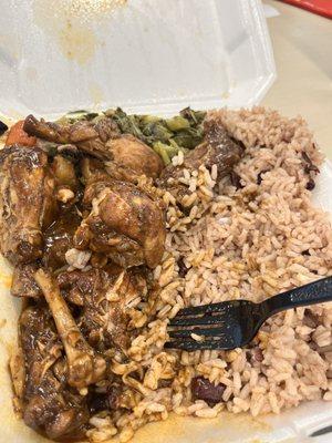 Stew Chicken, Rice & Peas and Collard Greens