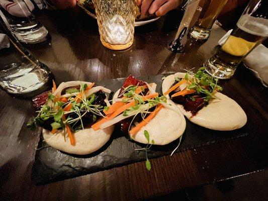 CRISPY PORK BELLY BANH MI on three housemade bao buns