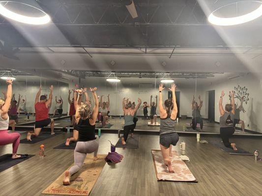 Hot yoga flow is a one hour class at 95 degrees. Flow through a series of poses to music.