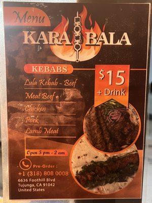 Kara Bala Street Kebab Menu ! This place is amazing !