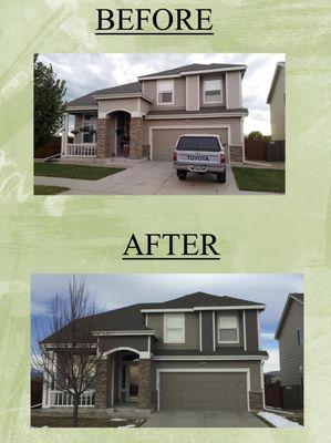 The painting service done on this house was an exterior paint color change. Grey body with white trim seems to be trending a "modern look".