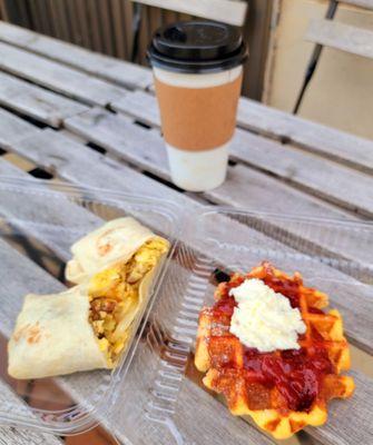 Breakfast Burrito, Belgian waffle, coffee