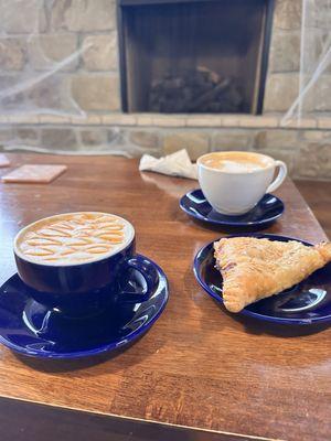 Seasonal macchiato and latte as well as a chicken empanada.