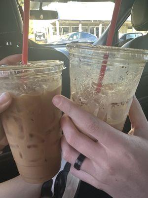 Left ( iced Carmel Latte) Right( iced eggnog latte with cinnamon)